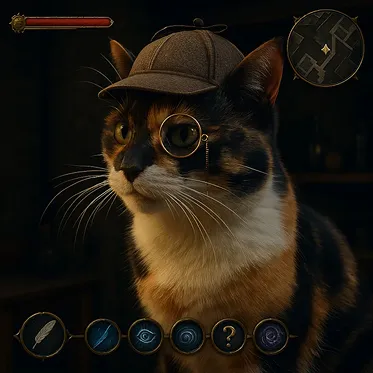 update to a landscape image 16:9 ratio, add more spells in the UI, and unzoom the visual so that we see the cat in a third person view walking through a steampunk manhattan creating beautiful contrast and lighting like in the best triple A game, with cool-toned colors