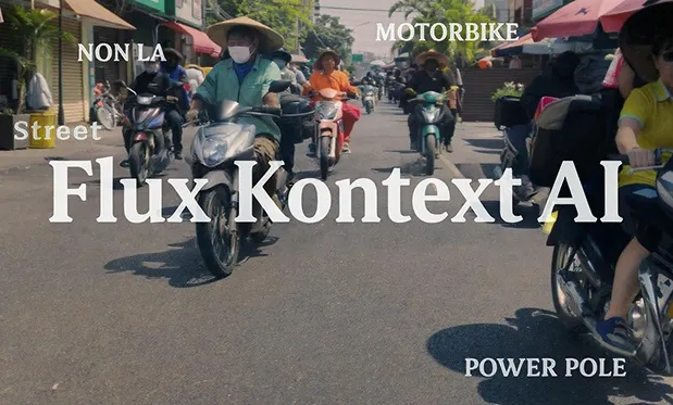 Sostituisci il testo 'VIETNAM' nell’immagine con 'Flux Kontext AI' e disponili ordinatamente