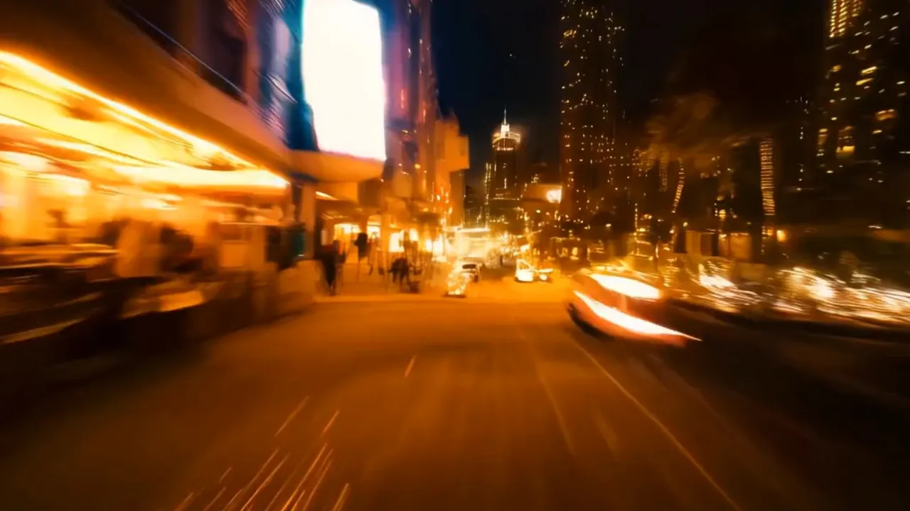 A mesmerizing and dreamy scene with FPV flying over ever changing locations. Cities at night, beaches, underwater coral, space. Dynamic motion, motion blur, time lapse, ultra high speed, 30x speed, cinematic effects, soft tones.
