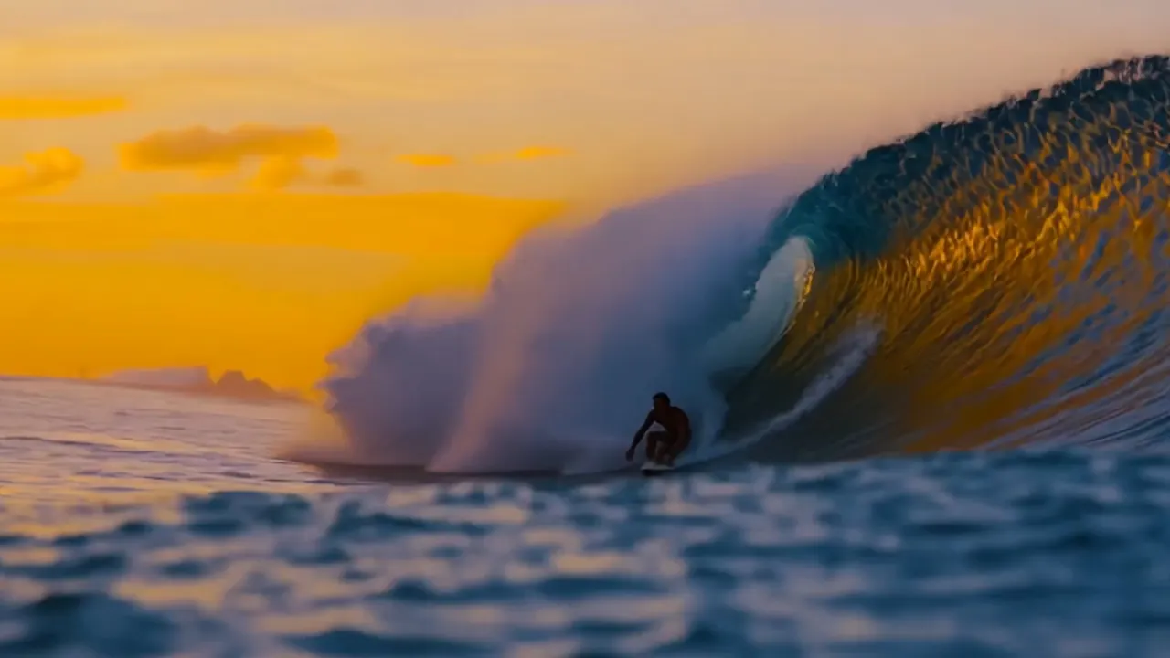 A slow-motion shot of a surfer riding a massive wave as the sun sets, casting golden hues over the ocean. The camera focuses on the surfer's silhouette against the towering wave, capturing the thrill and beauty of the moment.