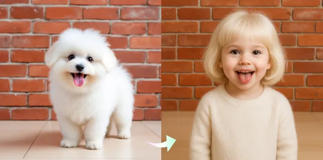 Transform the pet in this image into a human