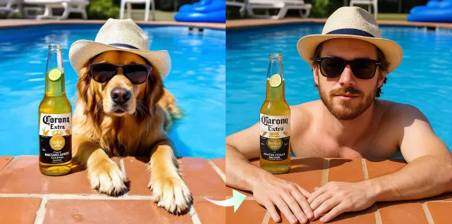 Transform the pet in this image into a human