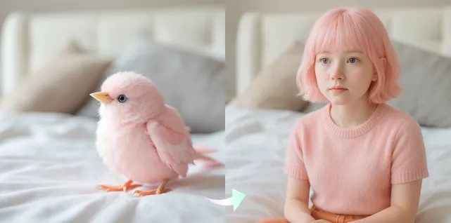 Transform the pet in this image into a human